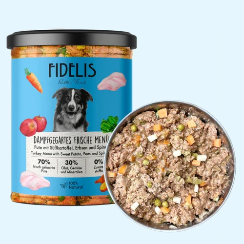 FIDELIS Karma Mokra Gotowana - świeży indyk z batatami, groszkiem i szpinakiem 400g
