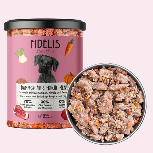 FIDELIS Karma Mokra Gotowana - świeża wieprzowina z kaszą gryczaną, dynią i borówką 400g