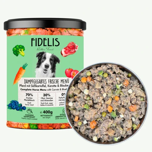 FIDELIS Karma Mokra Gotowana - świeża konina z pasternakiem, marchewką i brokułem 800g