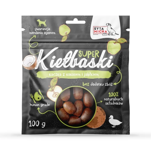 Syta-Micha---kielbaski-dla-psa-z-kaczka,-kokosem-i-jablkiem.webp