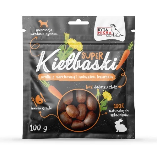 Syta-Micha---kielbaski-dla-psa-z-krolikiem,-marchewka-i-mniszkiem.webp