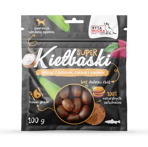 Syta-Micha-kielbaski-dla-psa-z-pstragiem,-batatem-cukinia-i-kokosem.webp