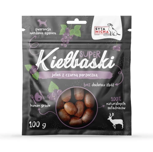 Syta-Micha---kielbaski-dla-psa-z-jeleniem-i-czarna-porzeczka.webp